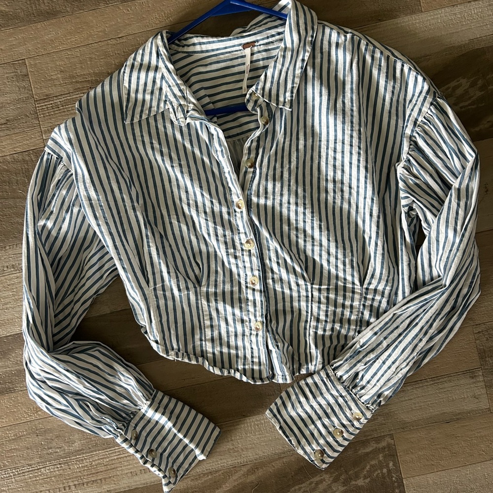 Striped Cropped Free People Button-Up Shirt